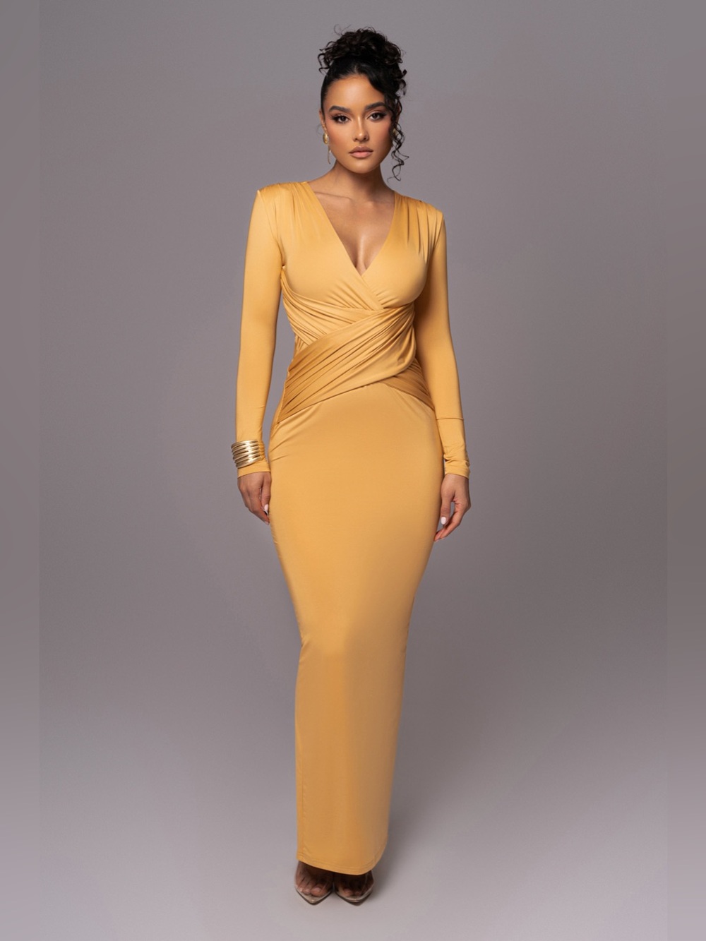 JLUXLABEL Yellow Long Sleeve Ruched Maxi Dress Bodycon Formal S NWT